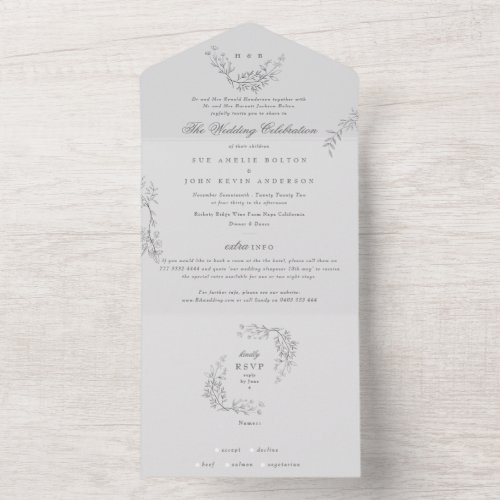 Ultimate Floral Gray Traditional Monogram Wedding All In One Invitation