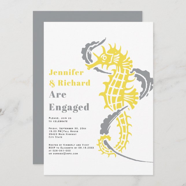 Ultimate gray and yellow seahorse engagement party invitation (Front/Back)