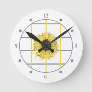 Ultimate Gray Illuminating Yellow Check Sunflower Round Clock