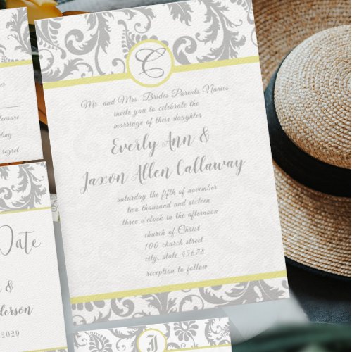 Ultimate Gray Illuminating Yellow Damask Wedding Invitation