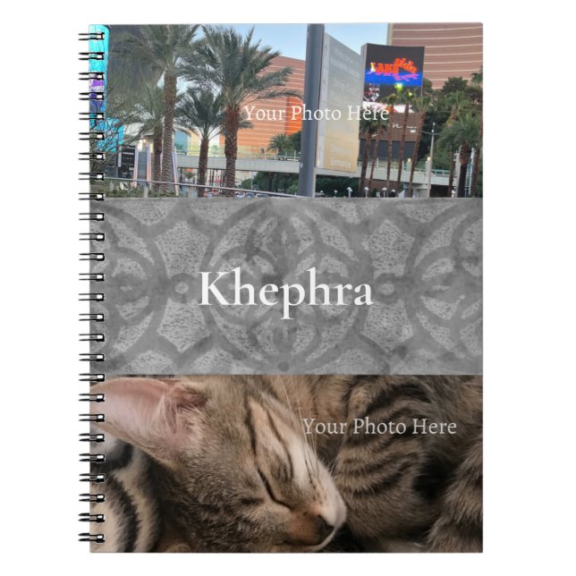 Ultimate Grey Batik Name and Photo Collage Notebook (Front)