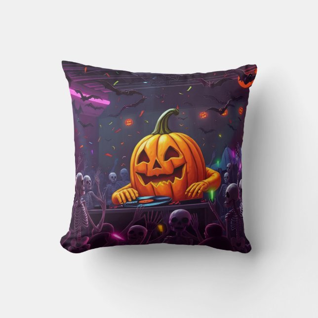 🎃 Ultimate Mind-Blowing Halloween Pumpkin DJ Rave Throw Pillow (Front)