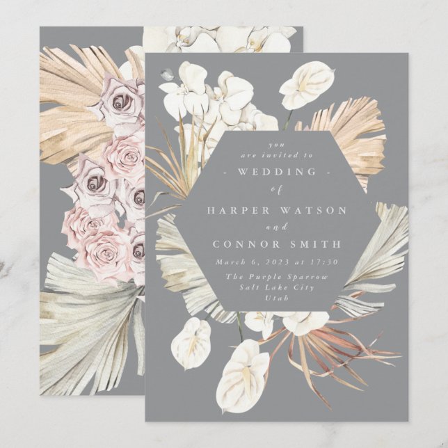 Ultimate Pampas Grass Floral Tropical Gray Wedding Invitation (Front/Back)