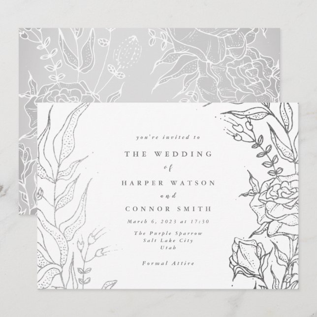 Ultimate Rose Gray Silver Elegant Floral Wedding Invitation (Front/Back)