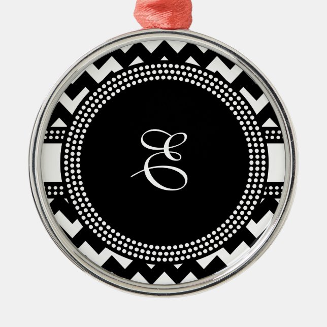 Ultra Chic Black and White ZigZag Chevron Monogram Metal Ornament (Front)