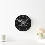 Ultra chic custom Mr and Mrs wall clock<br><div class="desc">Ultra chic custom Mr and Mrs wall clock for newly weds. Elegant script typography template with family name and date of marriage. Classy presents for just married couple or bride and groom. Chic black and white design home decor. Personalized decor for unique kitchen, office, living room, bedroom etc. Add your...</div>