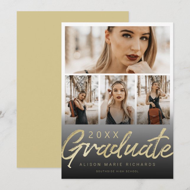 Ultra Chic Gold Brush Script Graduation Photo Card (Front/Back)