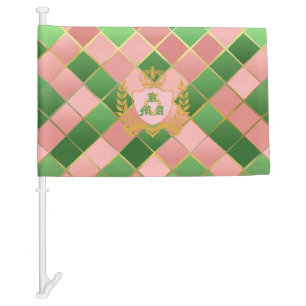 Ultra Chic Preppy Pink Green Argyle Monogram Crest Car Flag