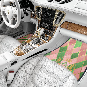 Ultra Chic Preppy Pink Green Argyle Monogram Crest Car Floor Mat