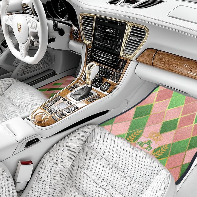 Ultra Chic Preppy Pink Green Argyle Monogram Crest Car Floor Mat (Post Monogrammed Pink and Green Car Mats )