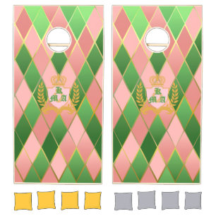 Ultra Chic Preppy Pink Green Argyle Monogram Crest Cornhole Set
