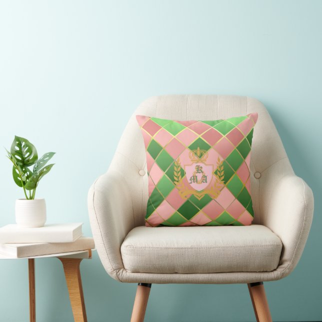 Ultra Chic Preppy Pink Green Argyle Monogram Crest Throw Pillow (Chair)