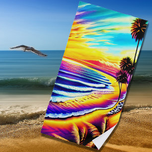 Ultra-Colorful Beach Sunset Waves & Palm Trees Towel