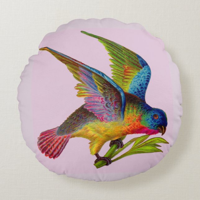 ultra colorful Victorian bird print Round Pillow (Front)