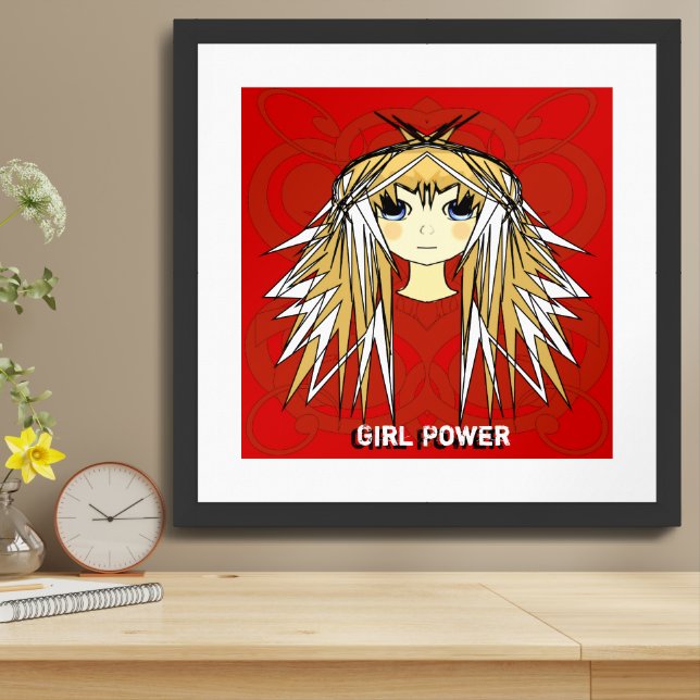 Ultra Cute Anime Blonde Long Hair Girl Power Framed Art (Table Top)