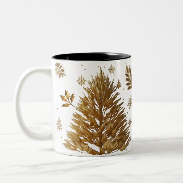 Ultra Glam Liquid Gold Brush Stroke Christmas Tree Two-Tone Coffee Mug (Left)