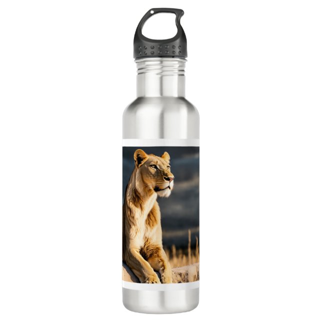  Ultra HD 3D Lioness – Full Body Side Pose on Blac Stainless Steel Water Bottle (Front)