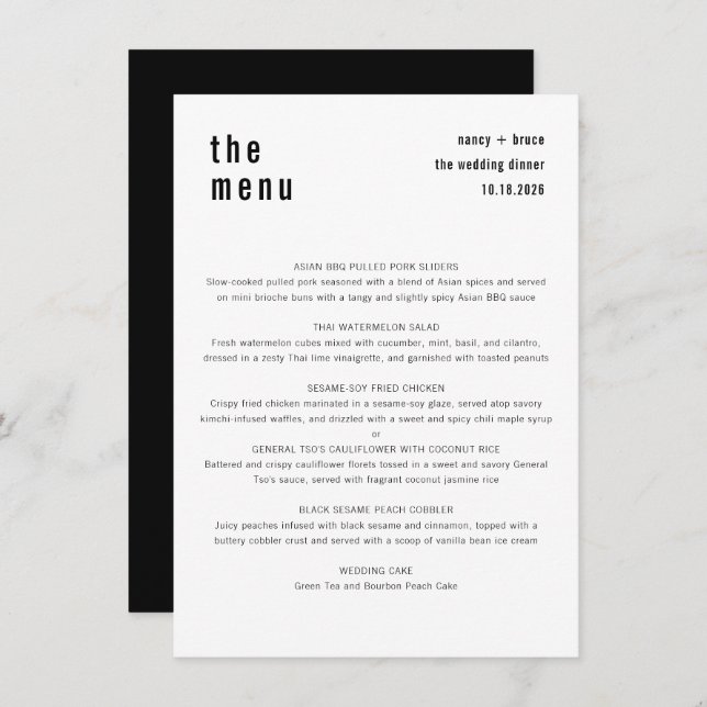 Ultra Minimal Stylish Black White Wedding Dinner Menu (Front/Back)