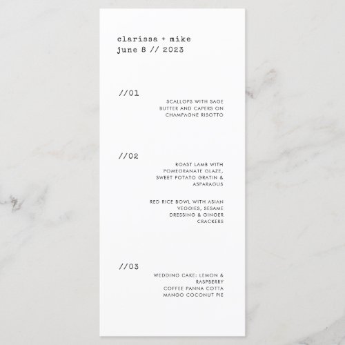 Ultra Minimal Vertical Dinner Party Wedding Menu