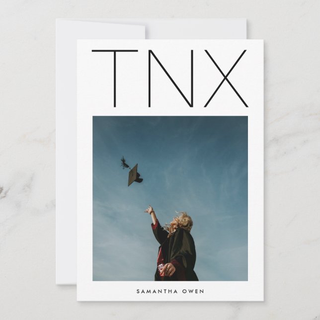 Ultra Modern black TNX Simple Photo Graduation Thank You Card (Front)