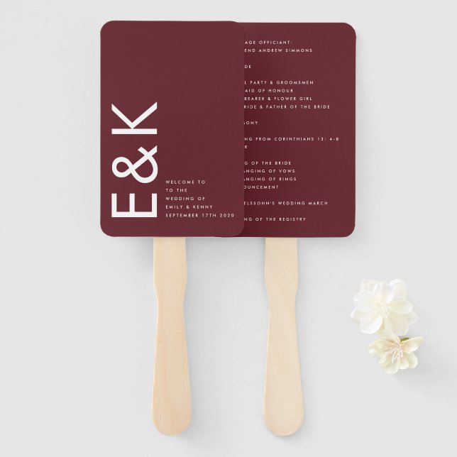 Ultra Modern Bold Big Monogram Burgundy Maroon Hand Fan (Front and Back)