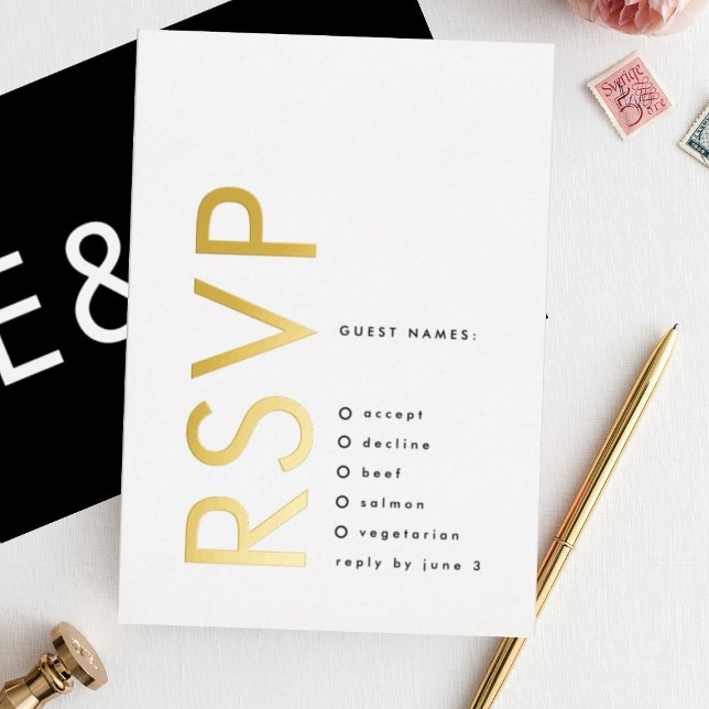 Ultra Modern Bold Big Monogram Gold TWO RSVP Foil Invitation (**NB READ PRODUCT DESCRIPTION - FOIL RSVP)