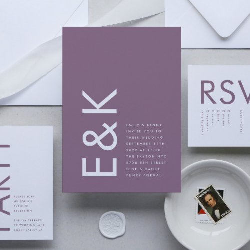 Ultra Modern Bold Big Monogram Purple Wedding Invitation