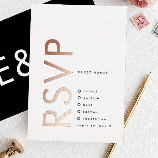 Ultra Modern Bold Big Monogram ROSE Gold TWO RSVP Foil Invitation (**NB READ PRODUCT DESCRIPTION - DIY ROSE GOLD RSVP )
