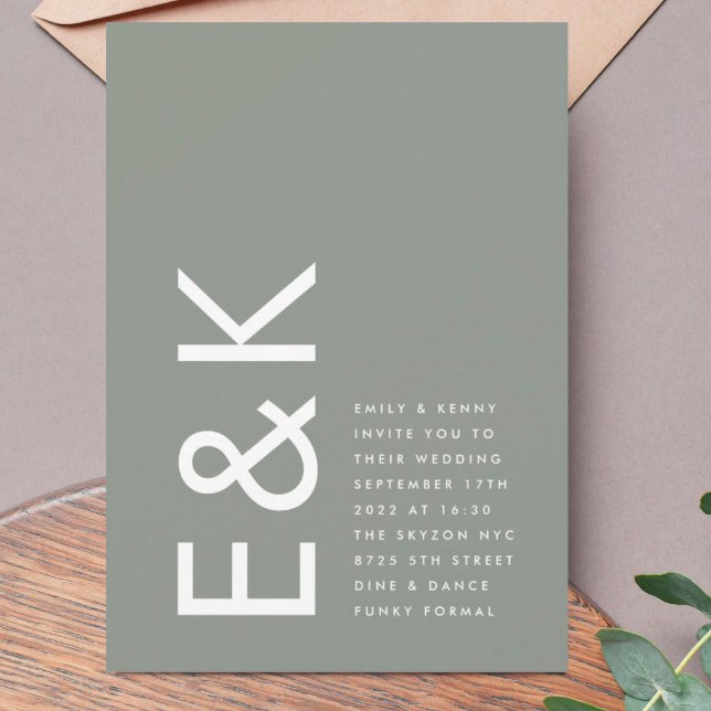 Ultra Modern Bold Big Monogram Sage Green Wedding Invitation (Creator Uploaded)