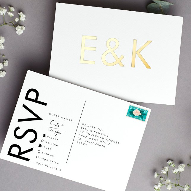 Ultra Modern Bold MONOGRAM RSVP GOLD FOIL POSTCARD (Creator Uploaded)
