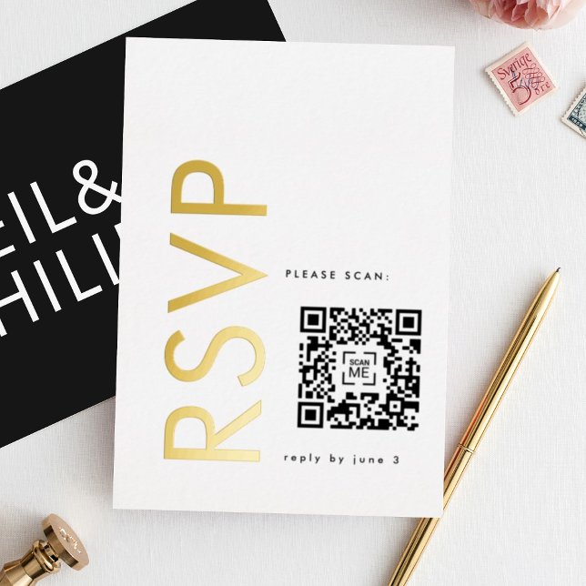 Ultra Modern Bold Names 2 x RSVP GOLD Foil Invitation (**NB READ PRODUCT DESCRIPTION - DIY FOIL RSVP WITH QR CODE)