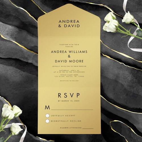 Ultra Modern Gold Black Minimalist RSVP Wedding All In One Invitation