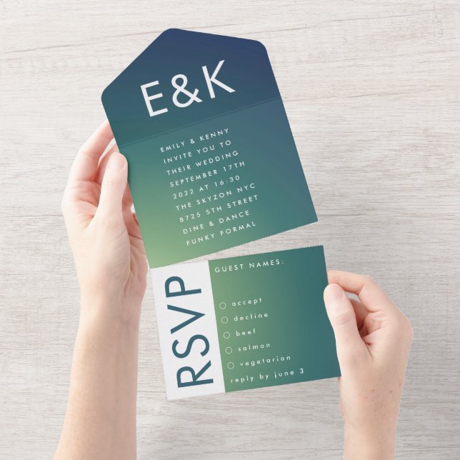 Ultra Modern Gradient Green Blue Ombre Wedding All In One Invitation (Tearaway)