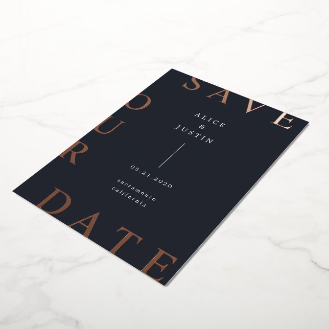 Ultra Modern Layout Dark Blue Save the Date Foil Invitation (Rotated)