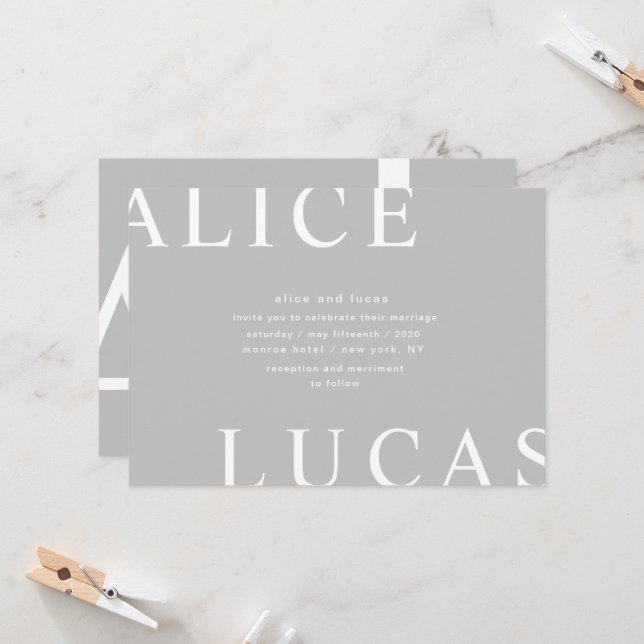 Ultra Modern Layout Monograms Grey Wedding Invitation (Front/Back In Situ)
