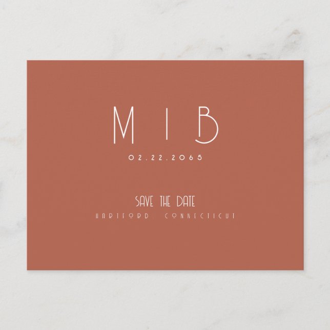 Ultra Modern Monogram Cinnamon Save the Date Postcard (Front)