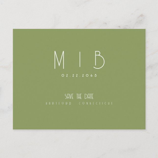 Ultra Modern Monogram Moss Green Save the Date Postcard (Front)