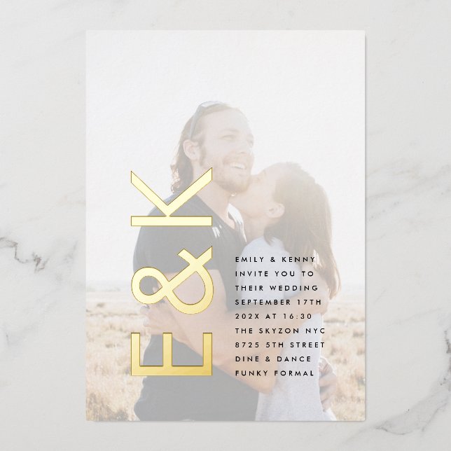 Ultra Modern Monogram Simple Wedding GOLD Photo Foil Invitation (Front)