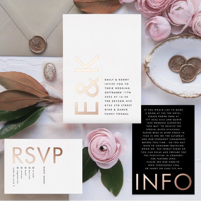 Ultra Modern Monogram Wedding REAL ROSE GOLD Foil Invitation (Invitation showcasing suite - additional items (bought separately))