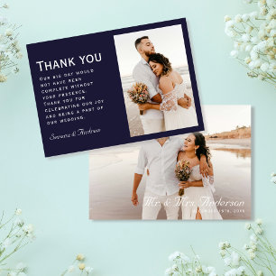 Ultra Modern Navy Blue Elegant Two Photos Thank You Card