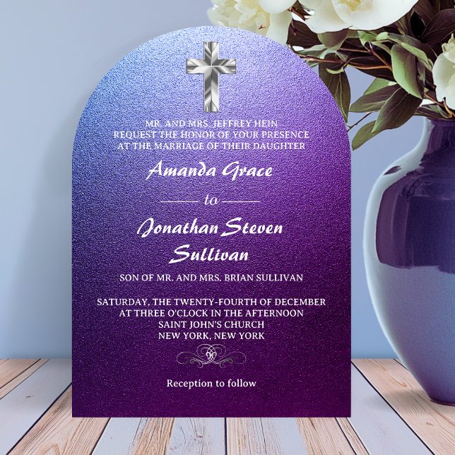 Ultra Modern Purple Glitter Cross Arched  Invitation (Purple Silver Christian Cross Arched Wedding Invitation)