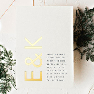 Ultra Modern REAL GOLD Monogram Navy Blue Wedding Foil Invitation