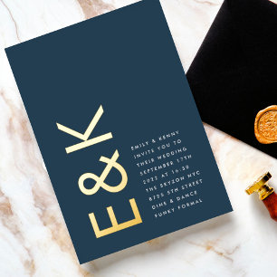 Ultra Modern REAL GOLD Monogram Navy Blue Wedding Foil Invitation