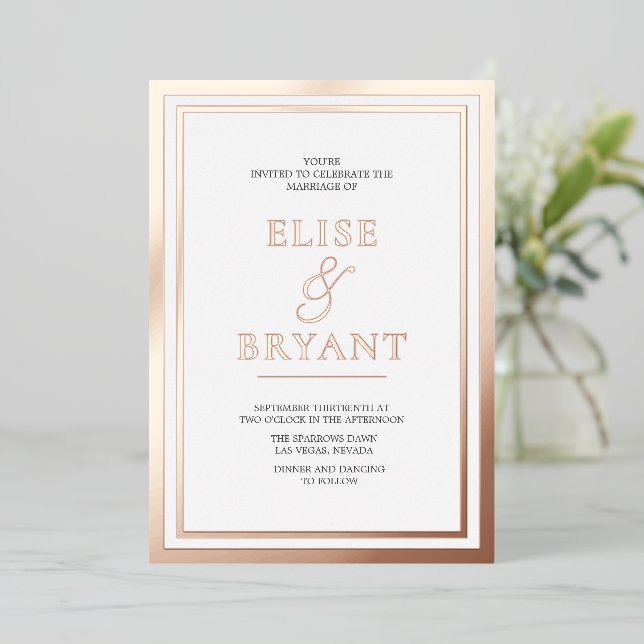 Ultra Modern Rose Gold Blush Foil Wedding Invitation (Standing Front)