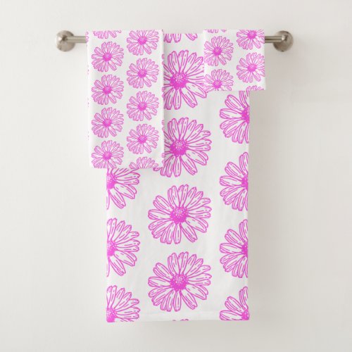 Ultra Pink Daisy Flower Print Hippie Floral Bath Towel Set