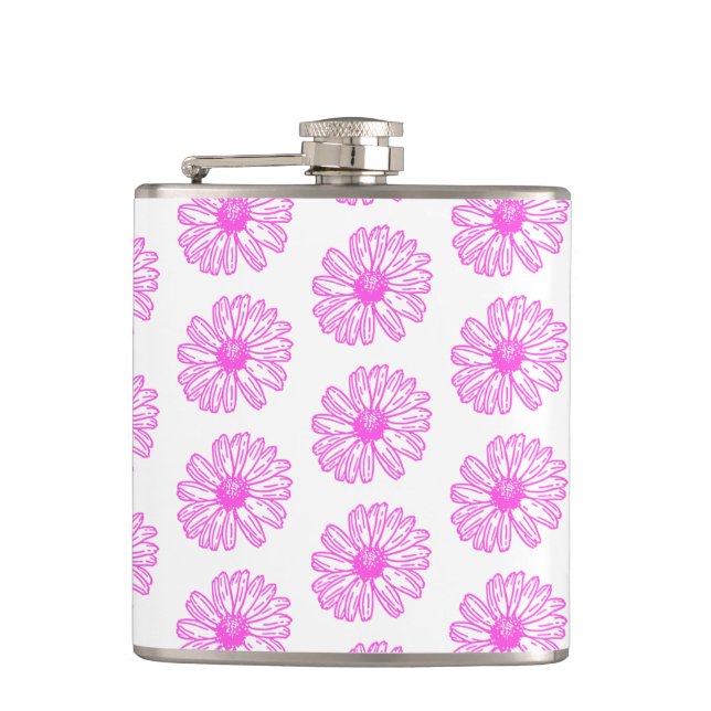 Ultra Pink Daisy Flower Print, Hippie Floral Flask (Front)