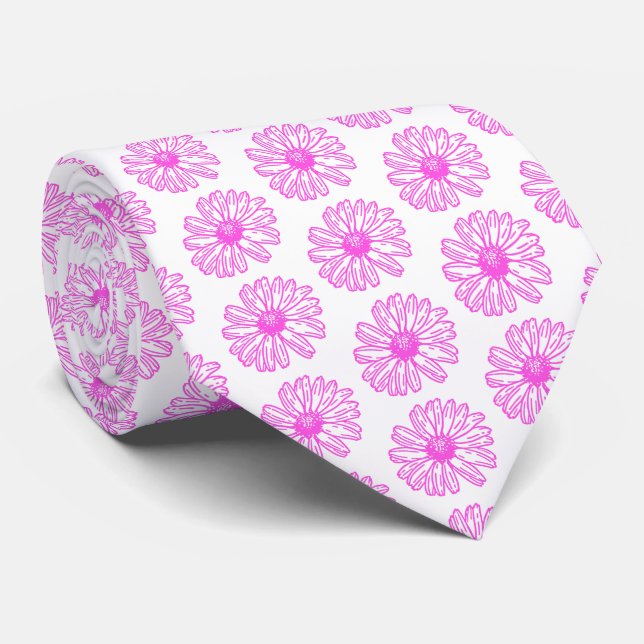 Ultra Pink Daisy Flower Print, Hippie Floral Neck Tie (Rolled)