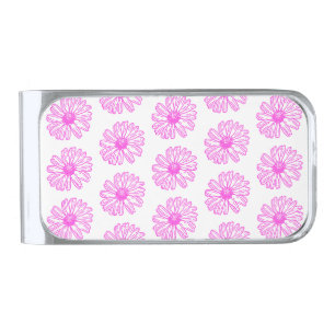 Ultra Pink Daisy Flower Print, Hippie Floral Silver Finish Money Clip