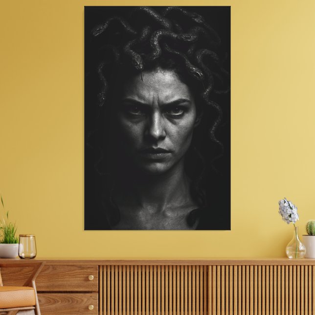 Ultra-Realistic Black and White Medusa Headshot Canvas Print (Insitu(LivingRoom))