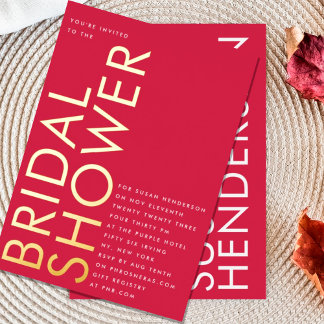 Ultra Red Magenta Modern Custom GOLD Bridal Shower Foil Invitation